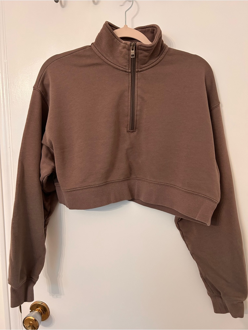 TNA Cropped Half-Zip Hoodie in Taupe Brown